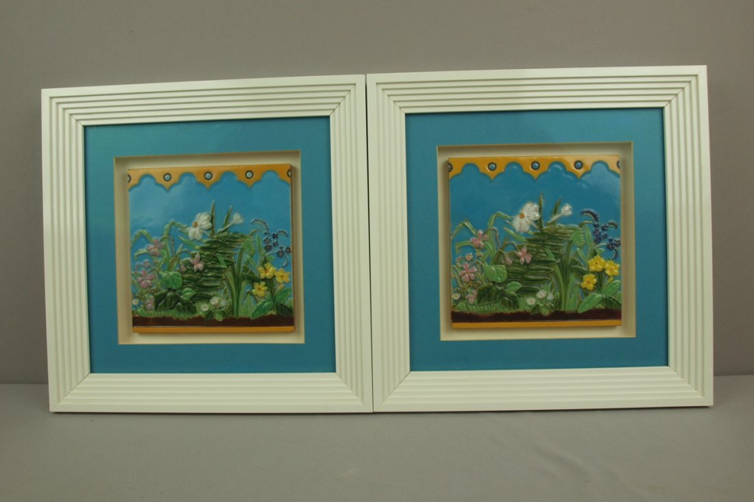 MINTON majolica pair of 8" tiles with flowers and fe: MINTON majolica pair of 8" tiles with flowers and ferns with great color and detail in nice frames