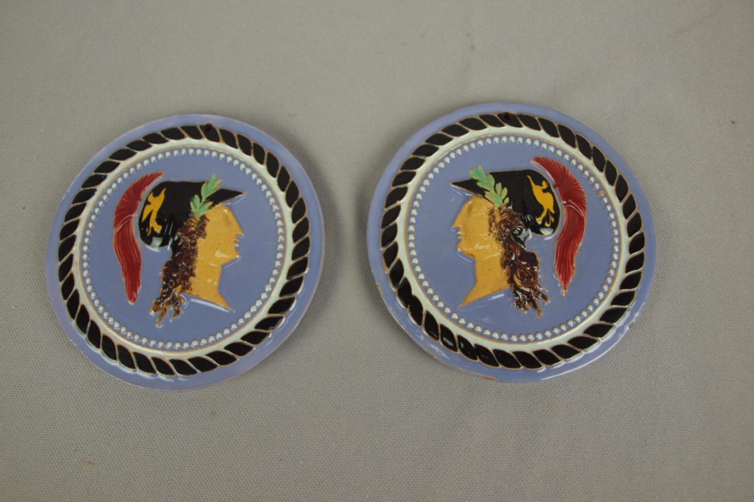 MINTON pair of lavender round portrait tiles, nice co: MINTON pair of lavender round portrait tiles, nice color, 4 3/4"d