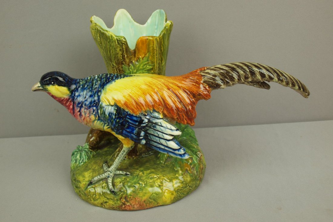 DELPHIN MASSIER majolica figural vase with pheasant,: DELPHIN MASSIER majolica figural vase with pheasant, 8 1/2"h, 14"l