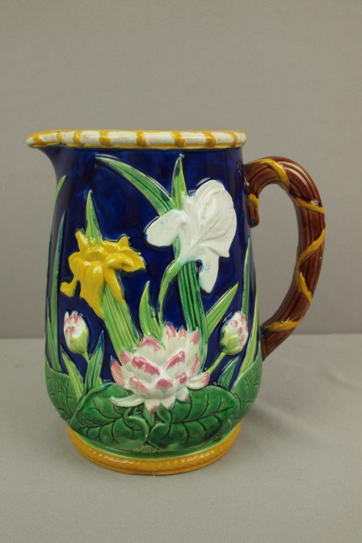 GEORGE JONES majolica cobalt water lily and iris pit: GEORGE JONES majolica cobalt water lily and iris pitcher, great color and detail, 8", professional base rim chip repair
