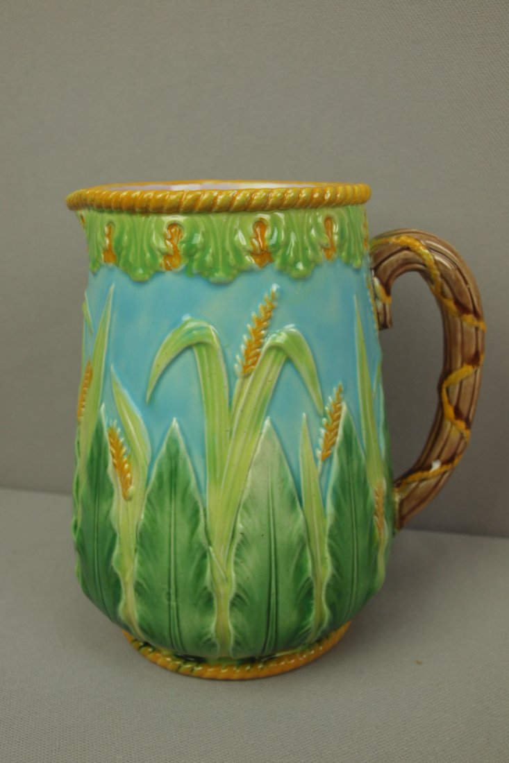GEORGE JONES majolica turquoise wheat and acanthus : GEORGE JONES majolica turquoise wheat and acanthus leaf jug, 7"