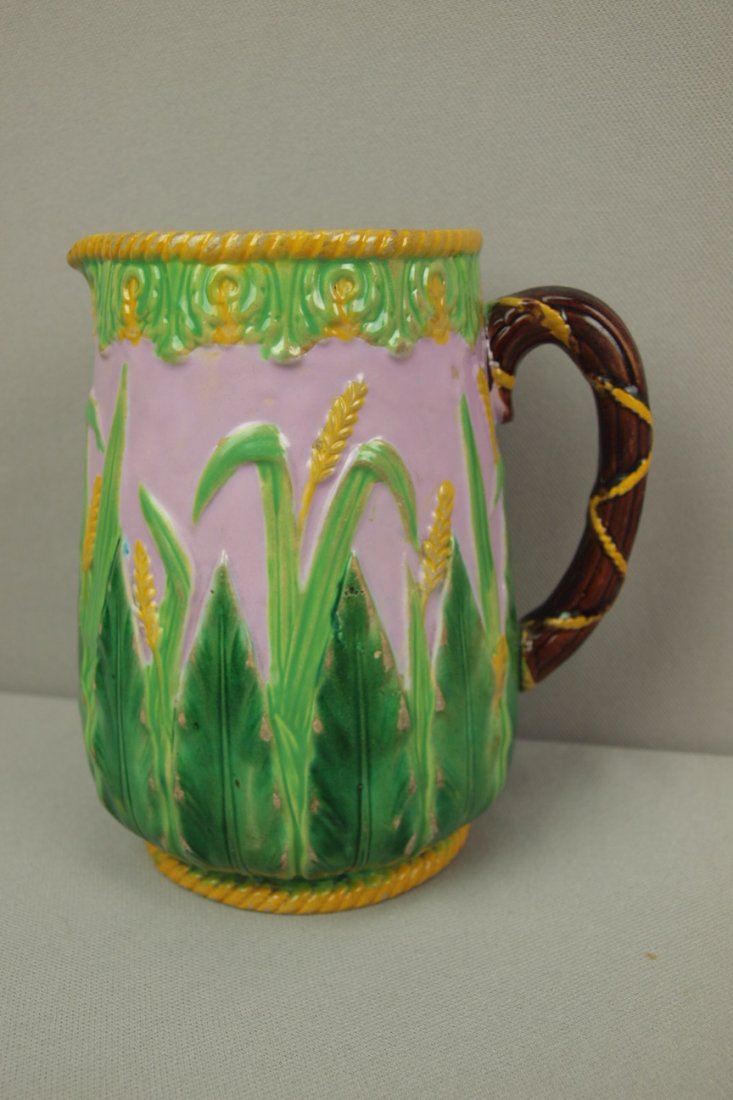 GEORGE JONES majolica pink wheat and acanthus leaf j: GEORGE JONES majolica pink wheat and acanthus leaf jug, 6 1/2", professional rim repair