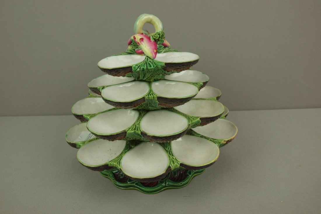 MINTON majolica 4 tier revolving oyster server, ref:: MINTON majolica 4 tier revolving oyster server, ref: Karmason-Stacke p. 45, 11"h, professional rim repair to a couple of wells, revolving mechanism sticks