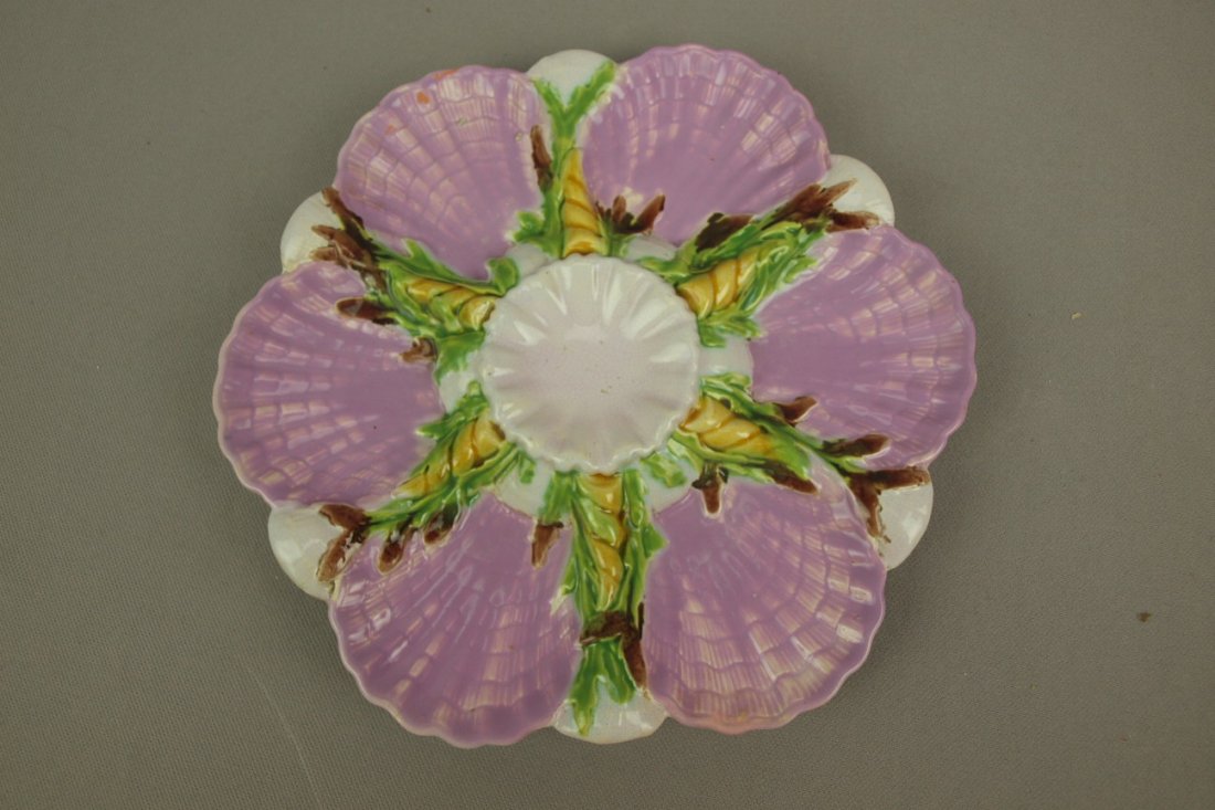 GEORGE JONES majolica 6 well pink oyster plate, mino: GEORGE JONES majolica 6 well pink oyster plate, minor hairline, 9"