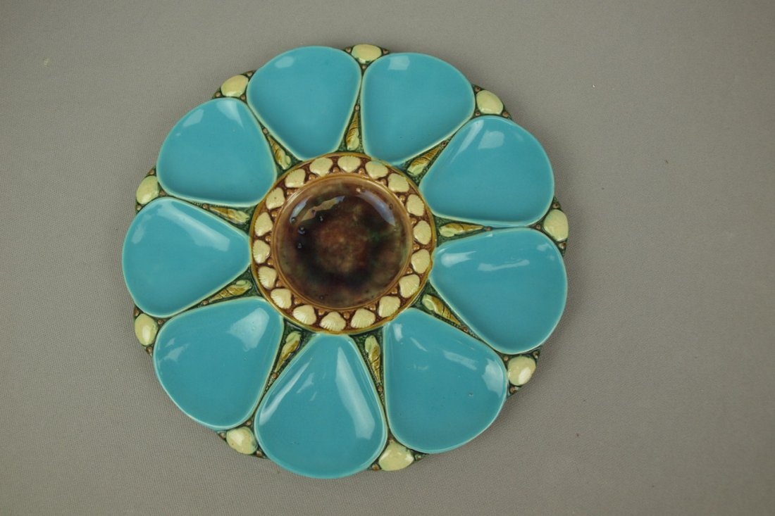 MINTON majolica 9 well turquoise oyster plate, 9 3/4: MINTON majolica 9 well turquoise oyster plate, 9 3/4"