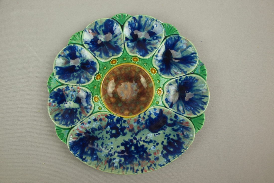 MINTON majolica 6 well oyster plate with cracker wel: MINTON majolica 6 well oyster plate with cracker well, shape no. 2245, 9", rim nick, not shown