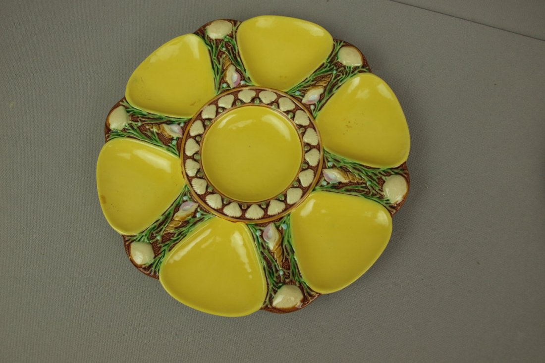 MINTON majolica rare yellow 6 well oyster plate, sha: MINTON majolica rare yellow 6 well oyster plate, shape no. 1323, 9 1/4"