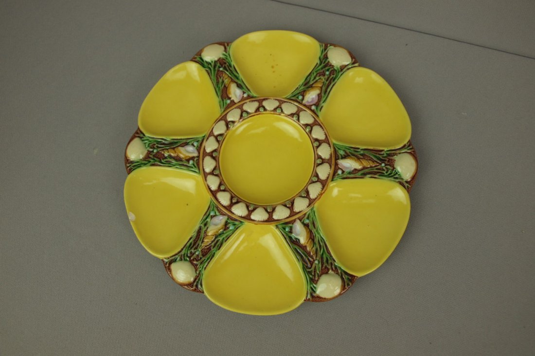 MINTON majolica rare yellow 6 well oyster plate, sha: MINTON majolica rare yellow 6 well oyster plate, shape no. 1323, 9 1/4", rim nick, not shown