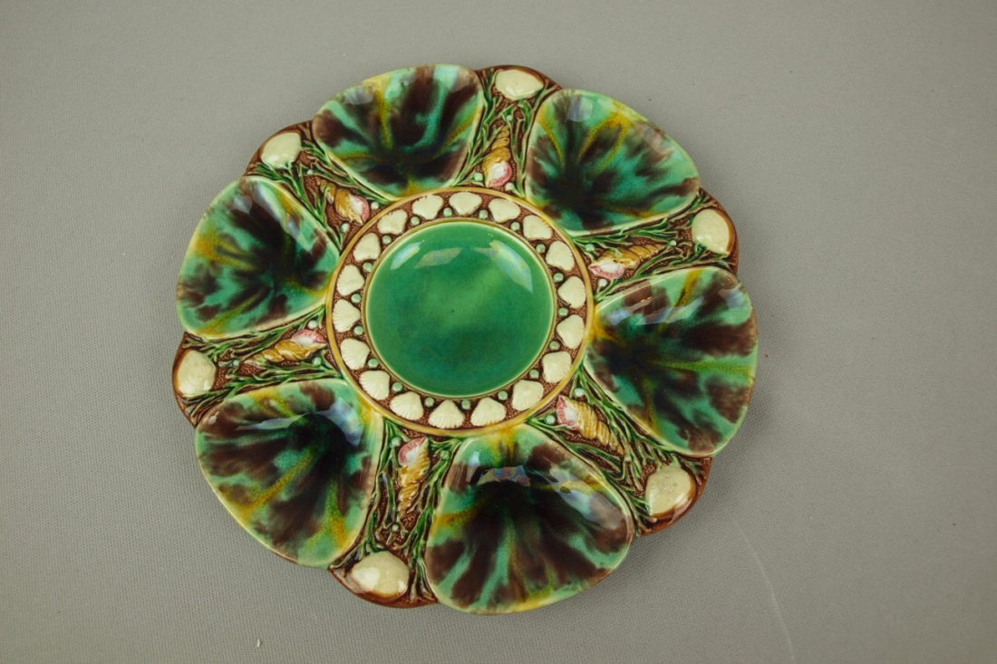 MINTON majolica mottled 6 well oyster plate, shape n: MINTON majolica mottled 6 well oyster plate, shape no. 1323, 9 1/4", not shown