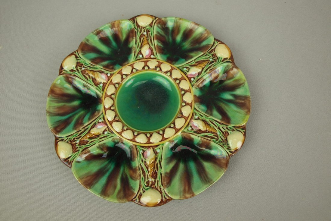MINTON majolica mottled 6 well oyster plate, shape n: MINTON majolica mottled 6 well oyster plate, shape no. 1323, 9", not shown