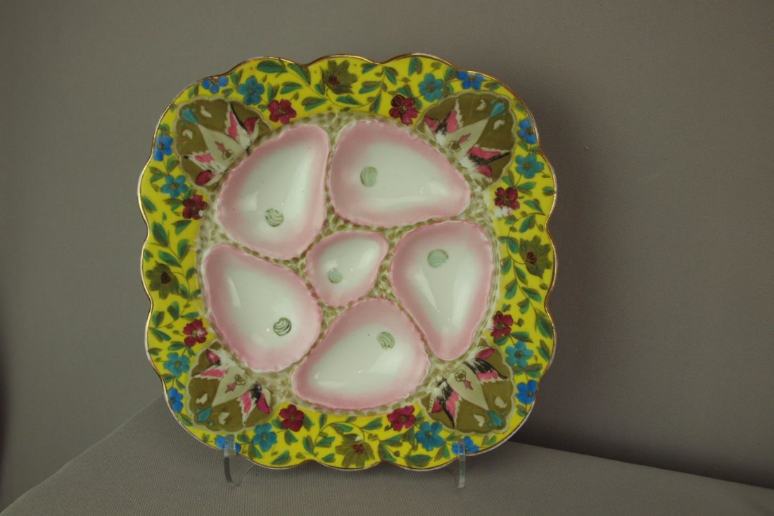 Porcelain 5 well square oyster plate with floral rim: Porcelain 5 well square oyster plate with floral rim, 8 3/4"d , ref: Karsnitz p. 102