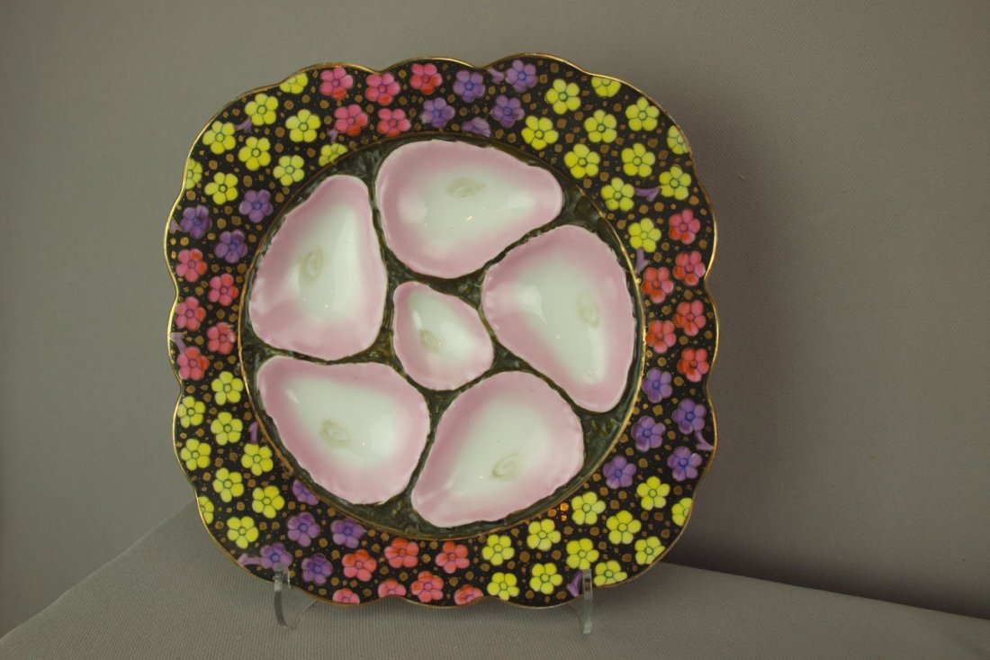 Porcelain 5 well square oyster plate with floral rim: Porcelain 5 well square oyster plate with floral rim, 8 3/4"d , ref: Karsnitz p. 102