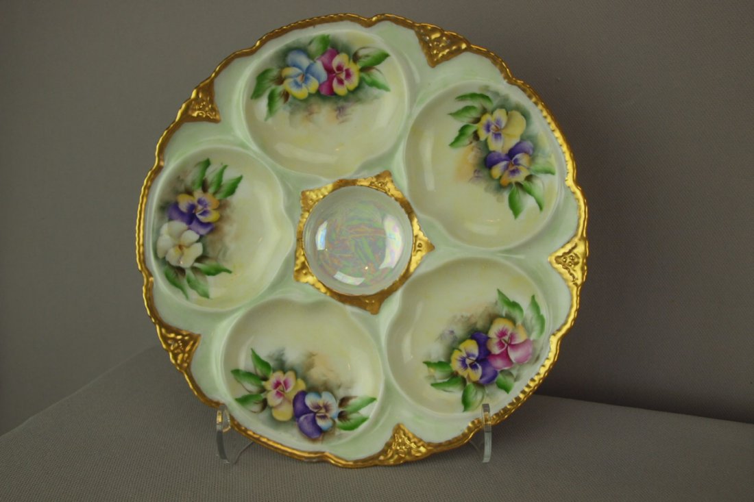 Theodore Haviland Limoges 5 well oyster plate with f: Theodore Haviland Limoges 5 well oyster plate with floral motif and gold rim, 8 1/2"