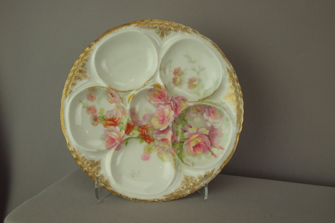 Theodore Haviland porcelain 5 well oyster plate with: Theodore Haviland porcelain 5 well oyster plate with roses, 8 1/4"