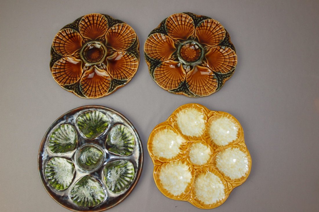 Majolica lot of 4 French oyster plates, 9 1/2" - 2 : Majolica lot of 4 French oyster plates, 9 1/2" - 2 Sarreguemines, 1 Luneville and 1 Chantre