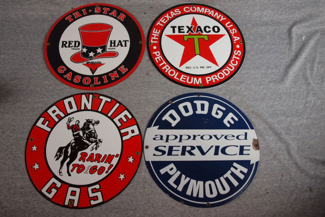 Lot of 4 new porcelain signs - Red Hat Gasoline, Texa: Lot of 4 new porcelain signs - Red Hat Gasoline, Texaco, Frontier Gas & Dodge/Plymouth
