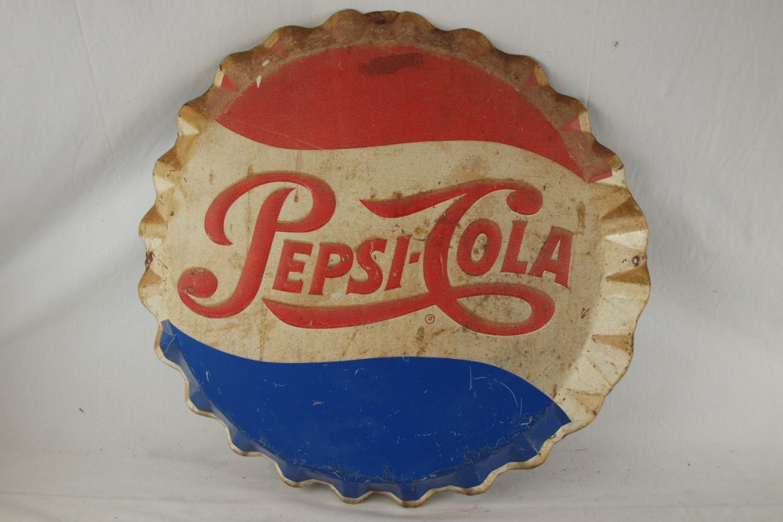 Pepsi Cola bottle cap sign, rust, 29" : Pepsi Cola bottle cap sign, rust, 29"