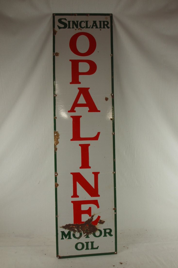 Sinclair Opaline Motor Oil porcelain sign, losses, 15: Sinclair Opaline Motor Oil porcelain sign, losses, 15" x 60"