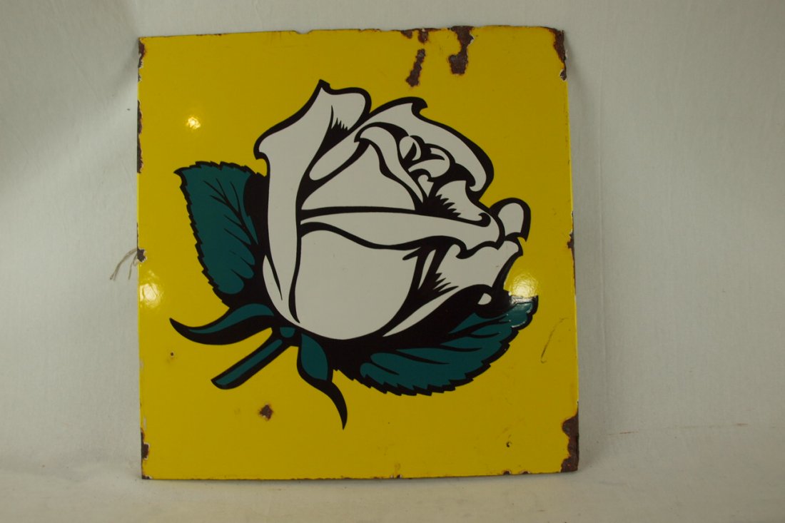 Porcelain 2 sided sign with rose, tab ends, 18" x 18": Porcelain 2 sided sign with rose, tab ends, 18" x 18", losses, rust