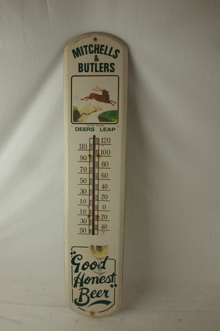 Mitchells Butlers Deers Leap Good Honest Beer adverti: Mitchells Butlers Deers Leap Good Honest Beer advertising thermometer, 8" x 39"