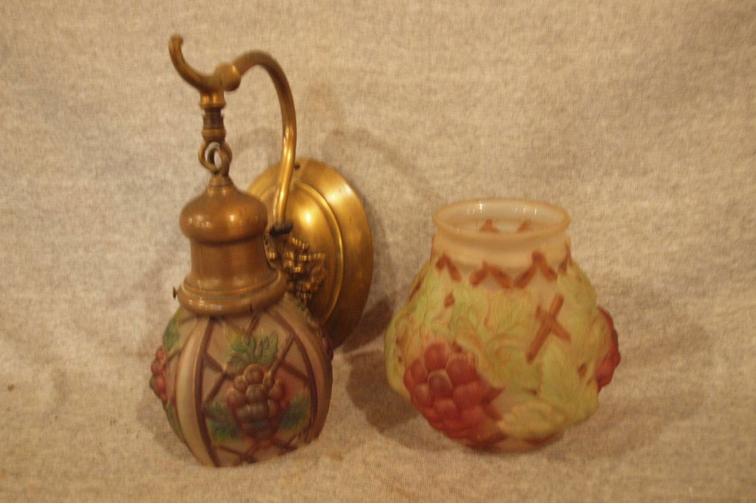 Brass wall sconce lamp with frosted grape shade and e: Brass wall sconce lamp with frosted grape shade and extra larger frosted grape shade