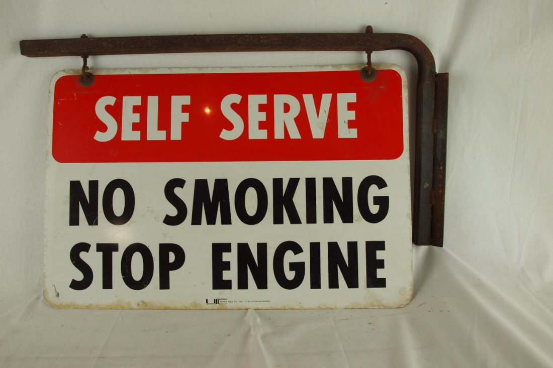 Self Serve No Smoking Stop Engines gas station sign w: Self Serve No Smoking Stop Engines gas station sign with frame, 24" x 26", 2 sided, aluminum