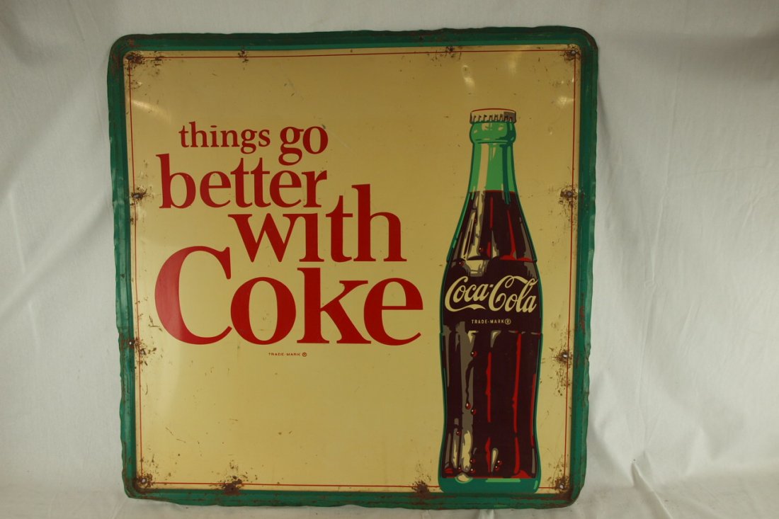 CocaCola metal sign, losses, wear, bends, 36" x 36" : CocaCola metal sign, losses, wear, bends, 36" x 36"