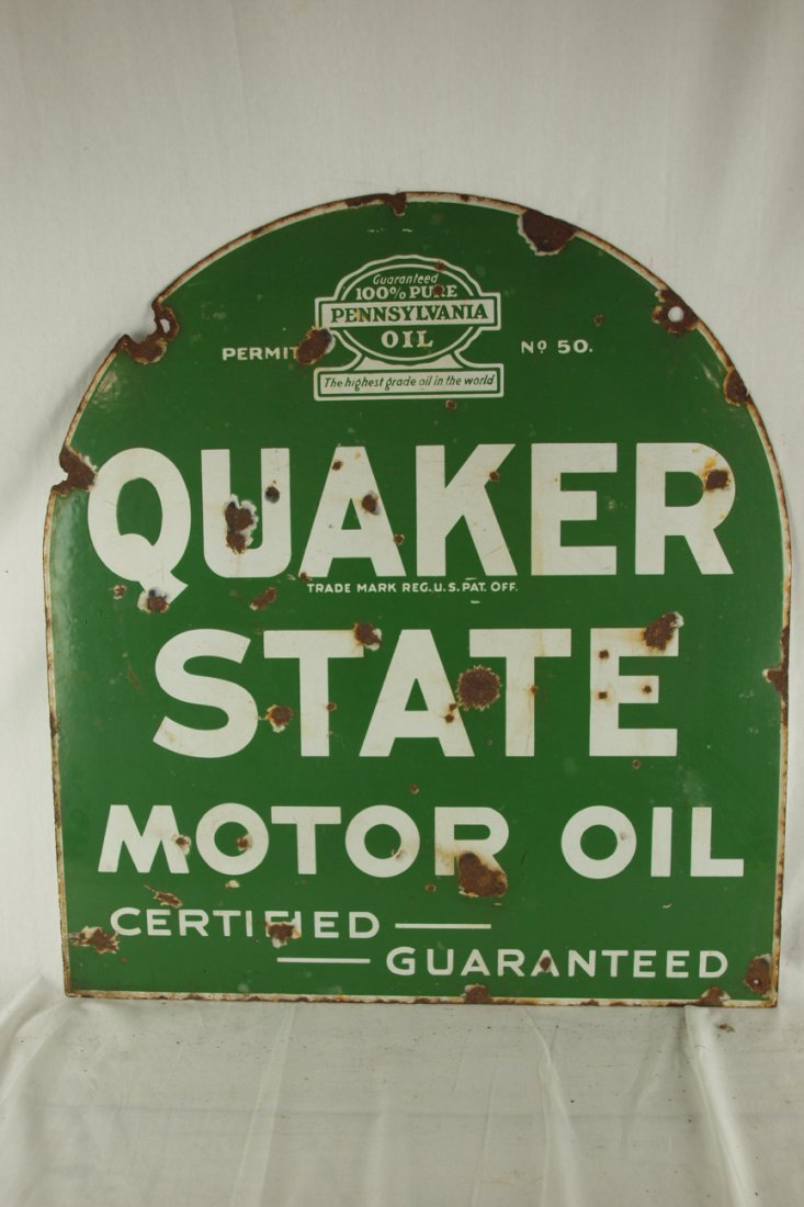 Quaker State Motor Oil 2 sided porcelain sign, losses: Quaker State Motor Oil 2 sided porcelain sign, losses, 26" x 29"