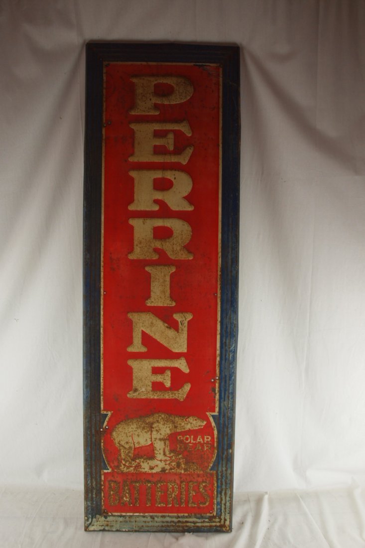 Perrine Polar Bear Batteries sign, rust, losses, 18" : Perrine Polar Bear Batteries sign, rust, losses, 18" x 59"