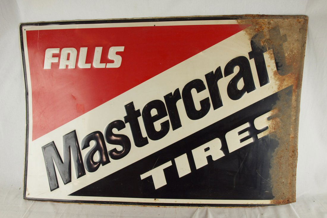Falls Mastercraft Tires sign, rust, losses, 44" x 30": Falls Mastercraft Tires sign, rust, losses, 44" x 30"
