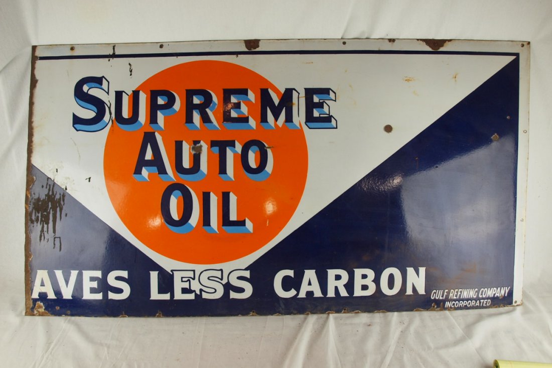 Gulf Supreme Auto Oil partial porcelain sign, 56" x 3: Gulf Supreme Auto Oil partial porcelain sign, 56" x 30"