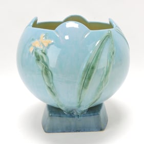 Roseville WInecraft blue rose bowl,