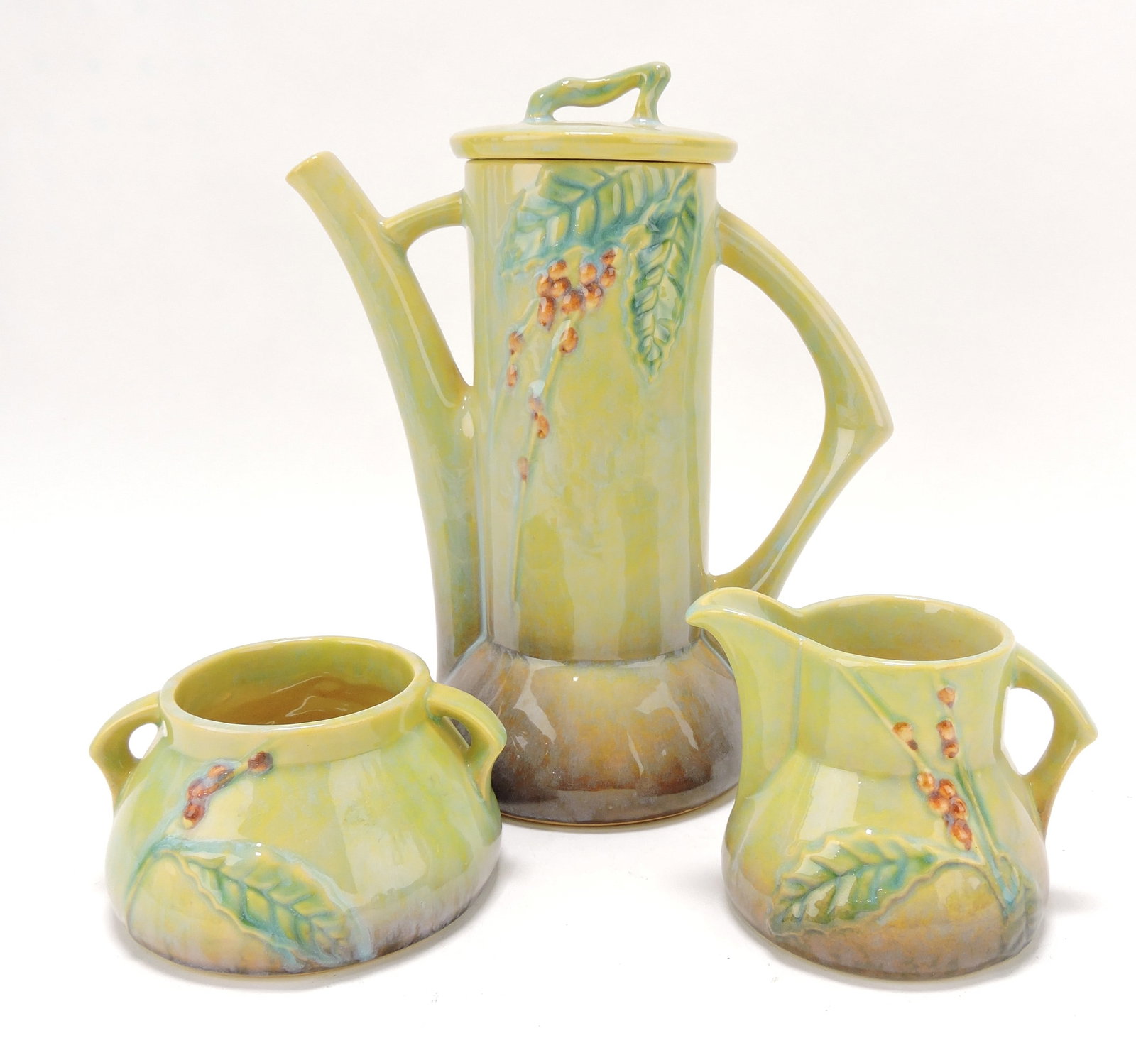 Roseville WInecraft yellow 3 piece: coffee server, 250P, 250C, 250S