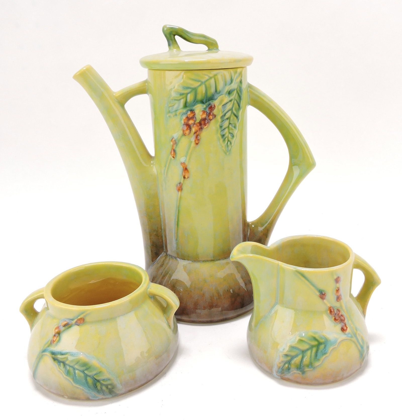Roseville WInecraft yellow 3 piece: coffee server, 250P, 250C, 250S