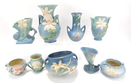 Roseville lot of 9 blue pieces, various