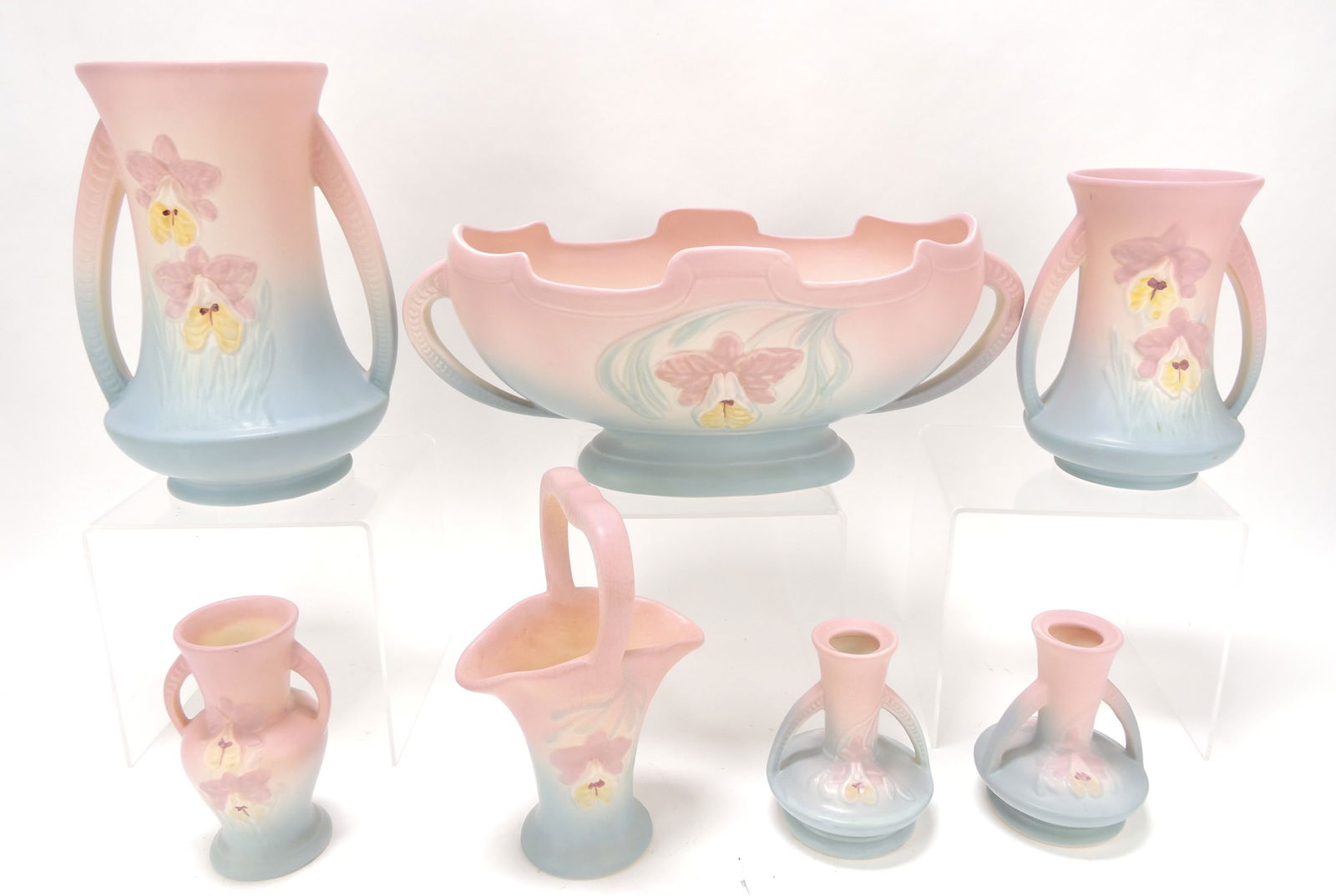 Hull Pottery lot of 7 Orchid pieces,: 4" to 9"