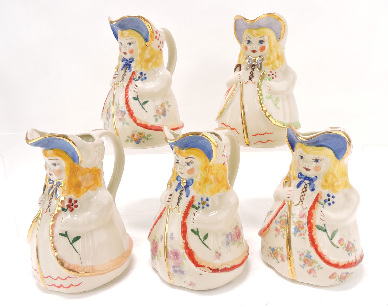 Shawnee Pottery lot of 5 Bo Peep: milk pitchers, 8", ref. Shawnee Pottery by Curren p 81; one with rim nick