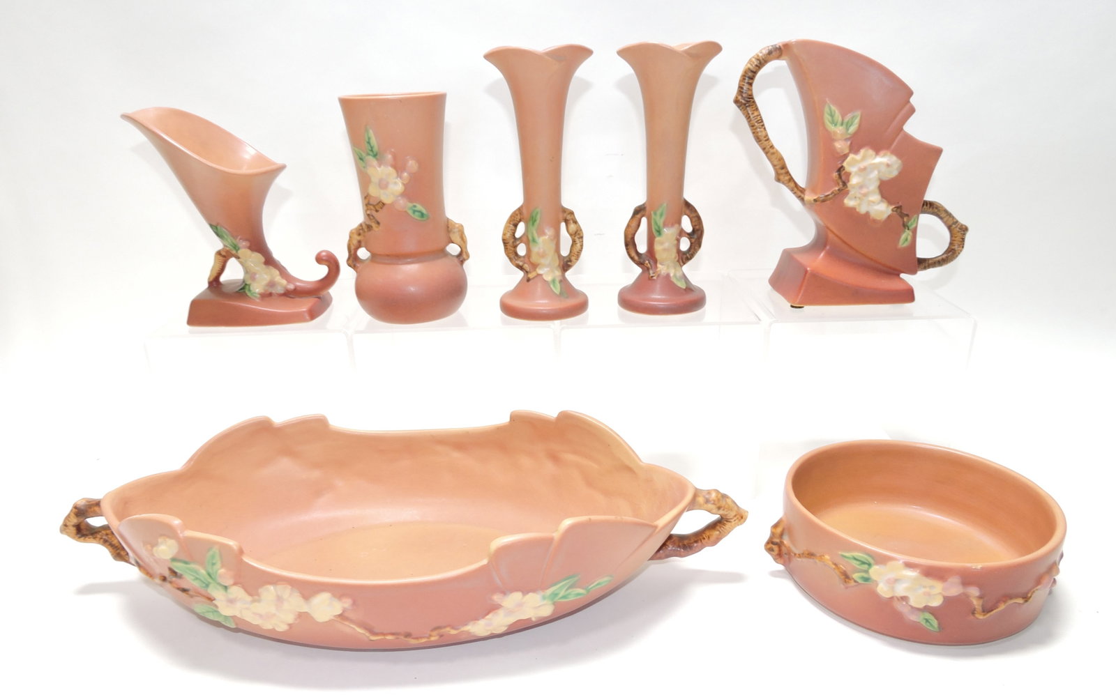 Roseville pink Apple Blossom lot of 7 pcs:: 321-6", 381-6", 2 - 379-7", 373-7", 333-14", 326-6" (nick)