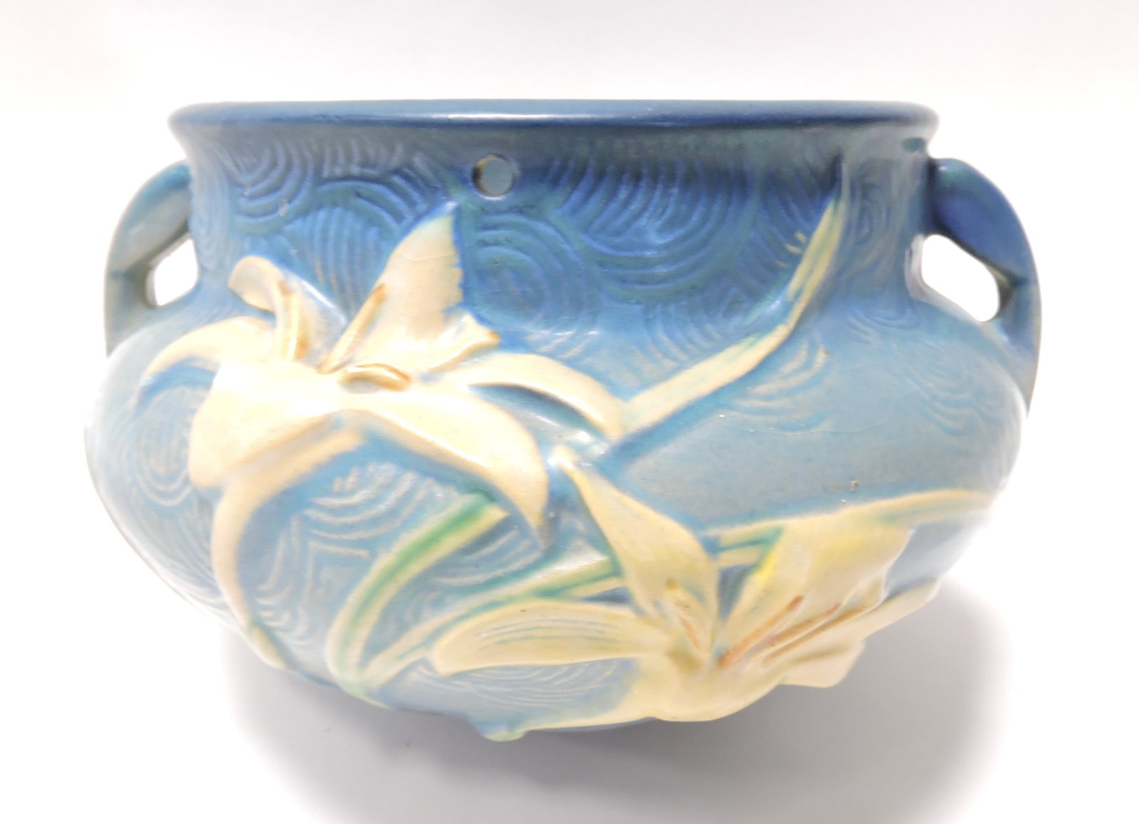 Roseville blue Zephyr Lily hanging planter: .