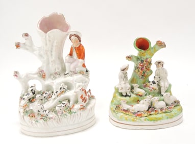 Staffordshire lot of 2 spill vases, one with
