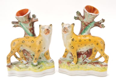 Staffordshire pair of leopard spill vases, 6"