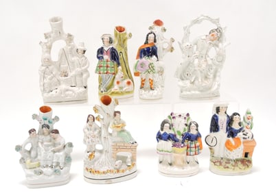 Staffordshire lot of 8 figures and spill