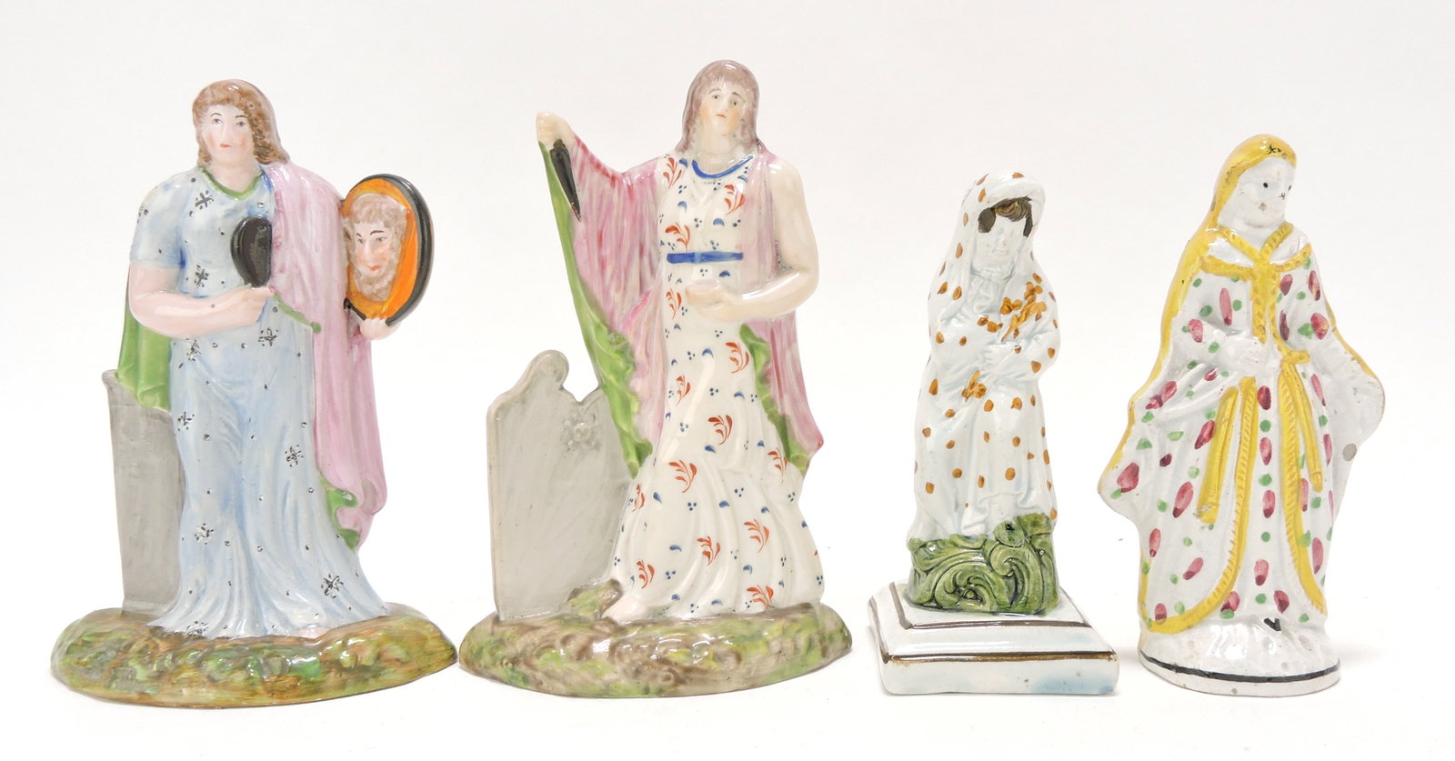 Staffordshire Pearlware Prattware lot of: 4 figures, 4 1/2" to 5 1/2", various condition