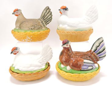 Staffordshire lot of 4 hens on nests,