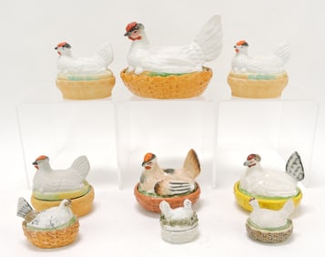 Staffordshire lot of 9 hens on nests,