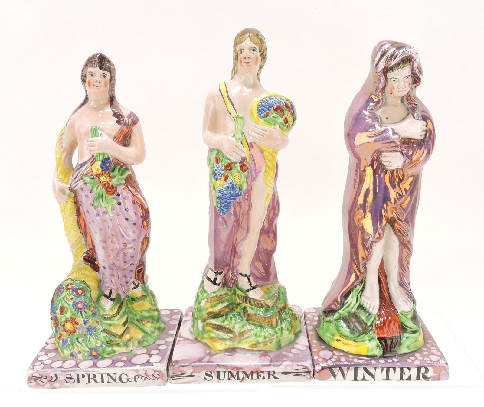 Staffordshire Prattware Pearlware pink: luster lot of 3 Four Seasons figures - Spring, Summer, Winter, 8 1/2"