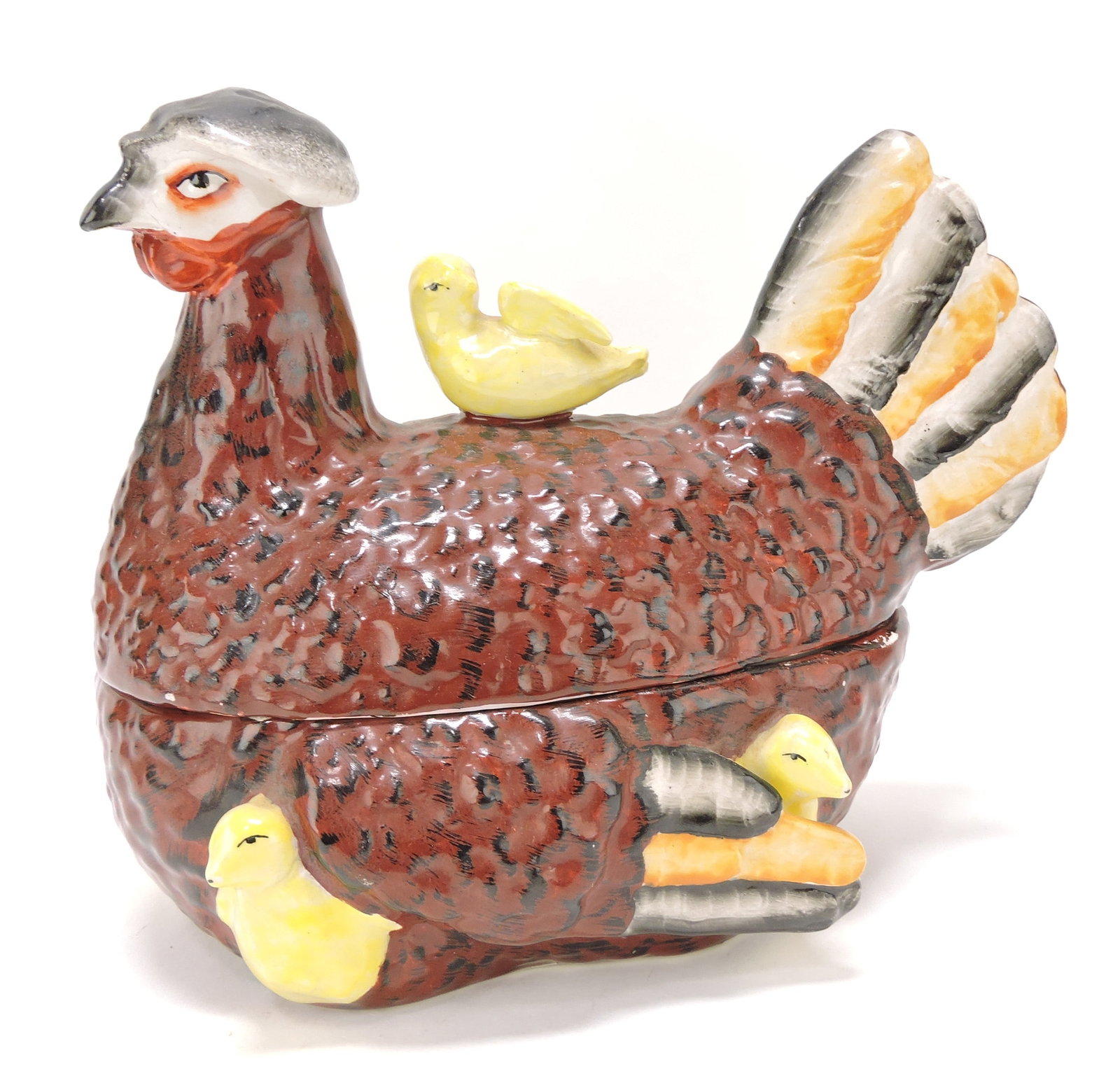 Staffordshire hen on nest with chicks,: 8 1/2"h, 10"w
