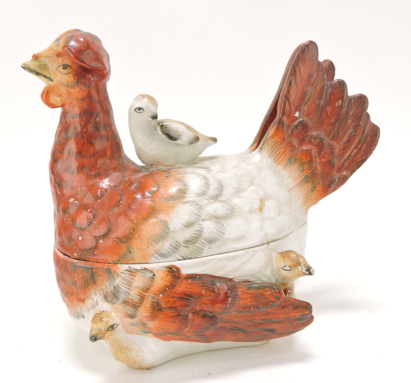 Staffordshire hen on nest with chicks,: 6"h, 7"w