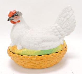 Staffordshire hen on nest with egg rack