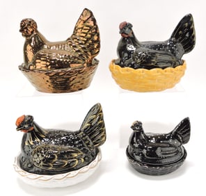 Staffordshire lot of 4 hens on nests,
